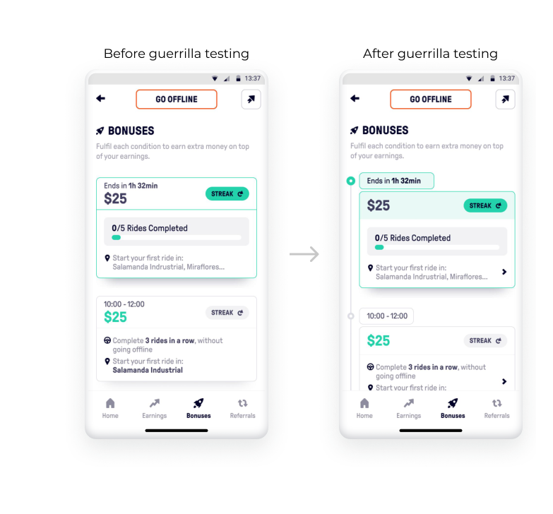 Before and after guerrilla testing — the active Incentive becomes more prominent, with a clearer time indicator and a tappable arrow